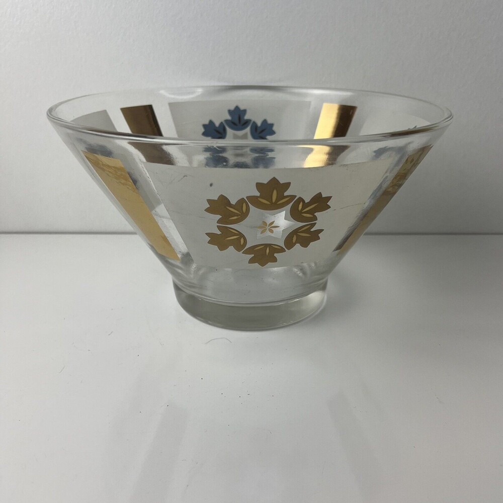 Vintage Anchor Hocking Gold And White Chip Bowl With Blue Contrast Inside MCM